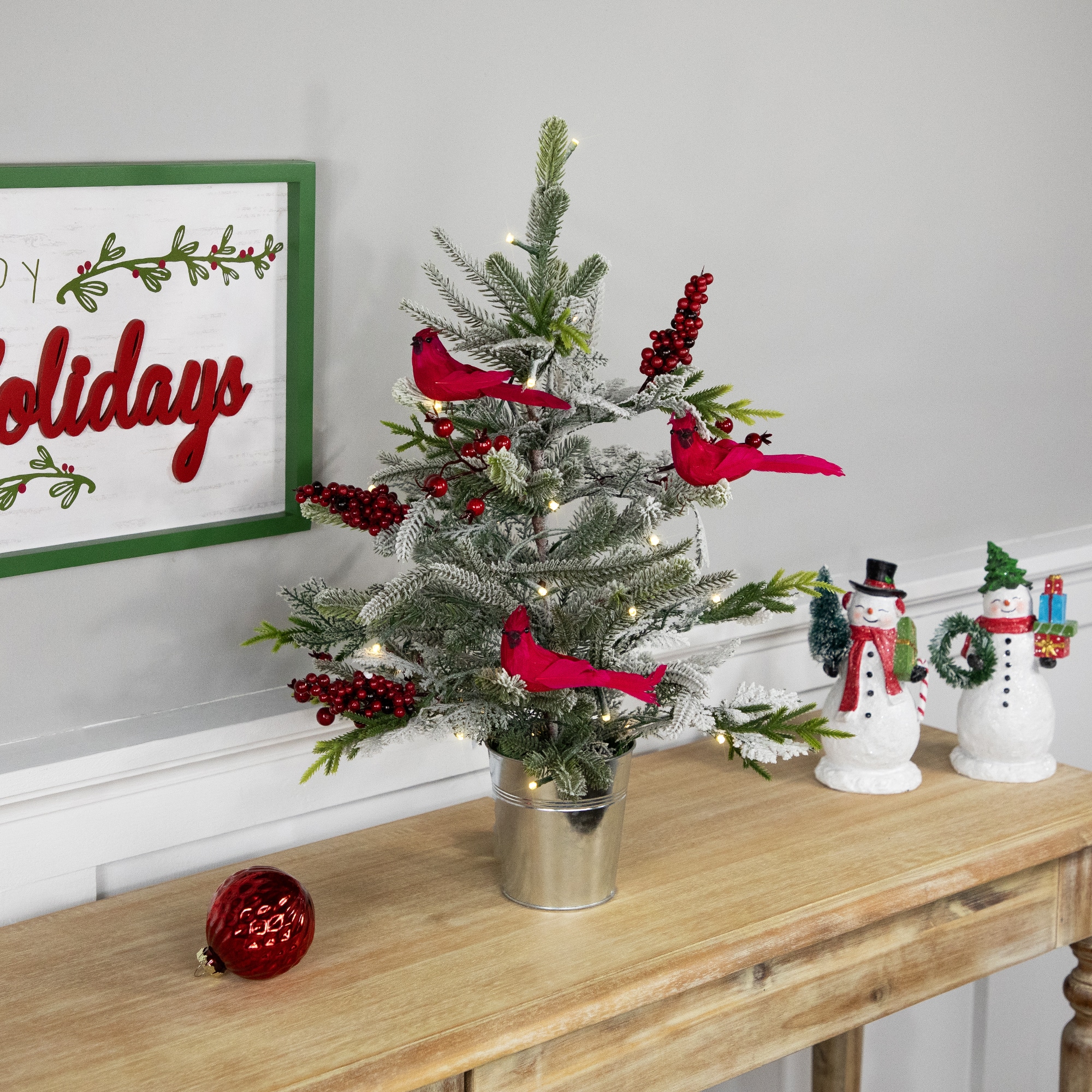 2ft. Pre-Lit Potted Frosted Mixed Pine with Cardinals Christmas Tree, Warm White LED Lights